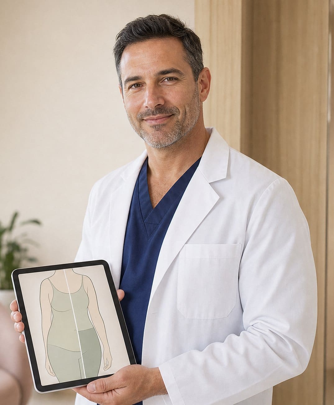 A plastic surgeon in a white coat in a bright consultation room, holding a tablet that shows an illustrated before/after preview